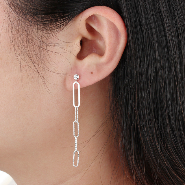 925 Sterling Silver Long Link Chain Earrings Studs