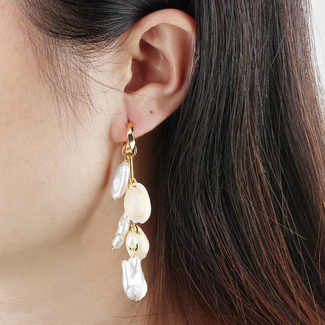925 Sterling Silver Shell & Baroque Pearl Huggie Earrings