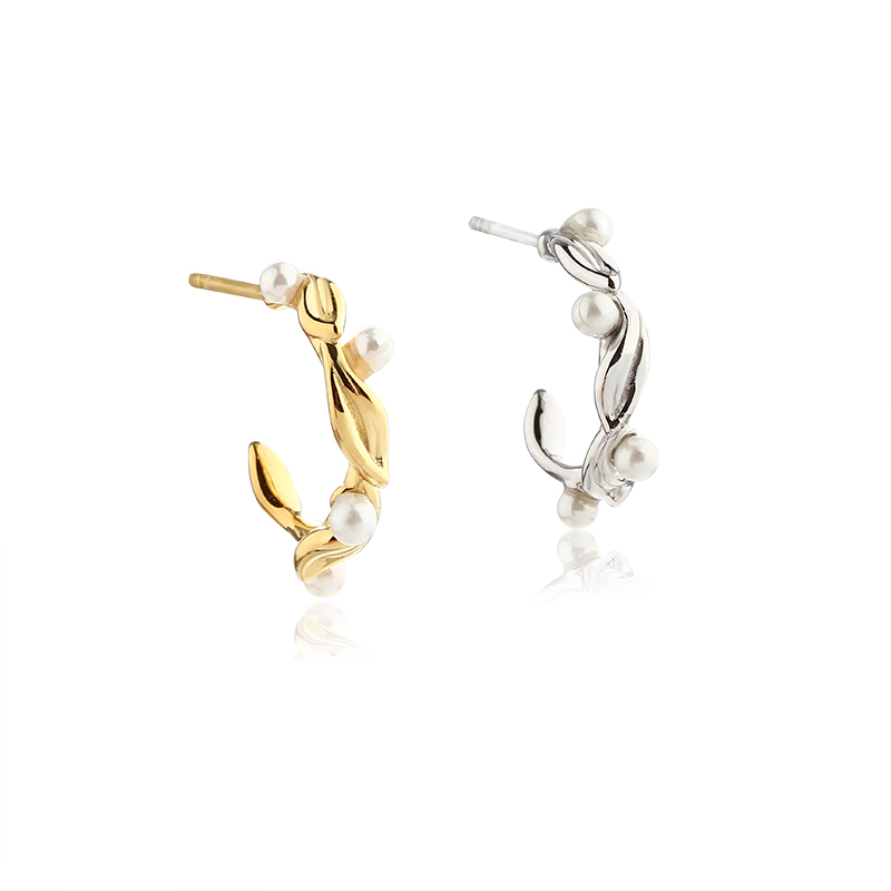 925 Sterling Silver Vines Pearl Earrings Studs