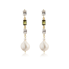 925 Sterling Silver Square CZ Baroque Pearl Earrings Studs