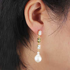 925 Sterling Silver Square CZ Baroque Pearl Earrings Studs