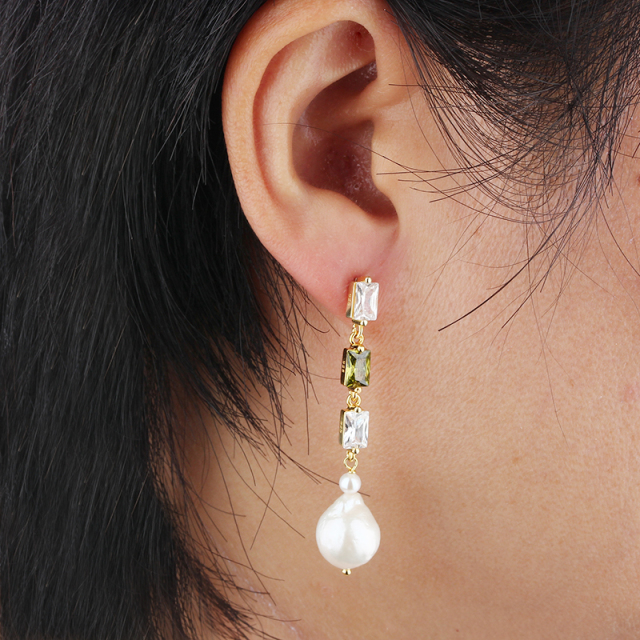 925 Sterling Silver Square CZ Baroque Pearl Earrings Studs