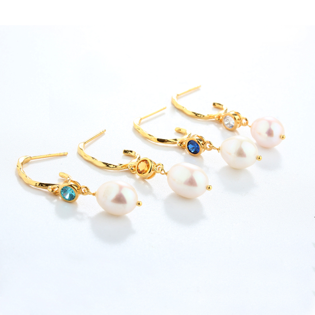925 Sterling Silver CZ and Baroque Pearl Earrings Studs