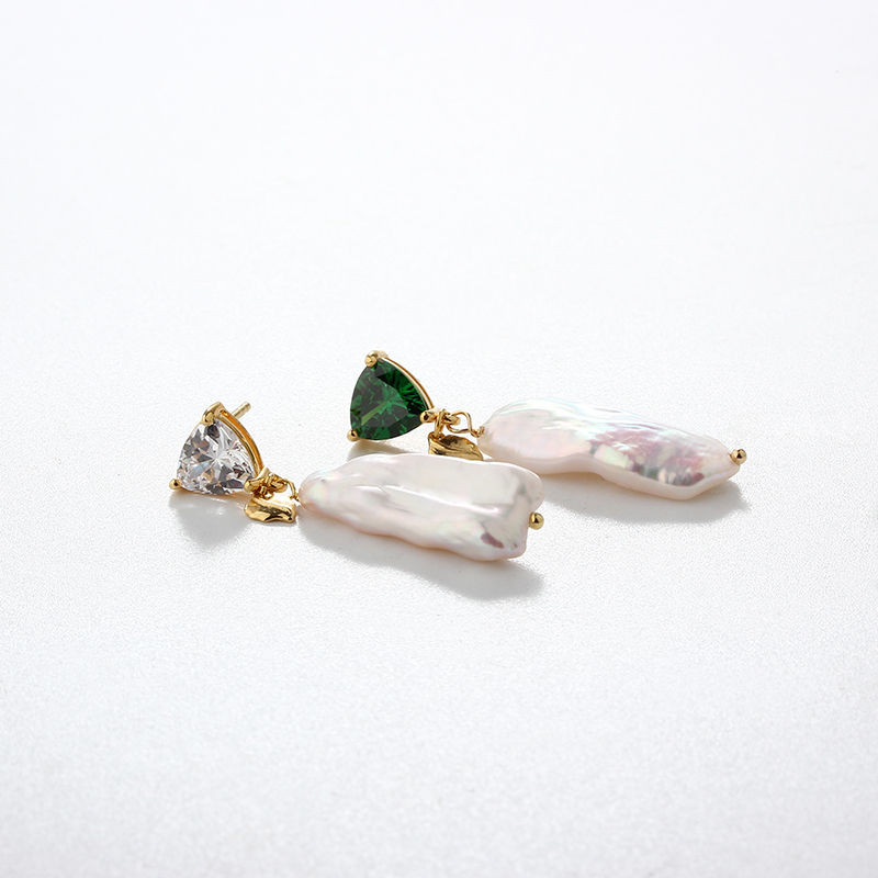 925 Sterling Silver Fat Triangle CZ &amp; Baroque Pearl Earring Studs