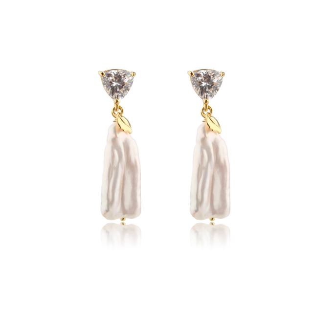 925 Sterling Silver Fat Triangle CZ &amp; Baroque Pearl Earring Studs