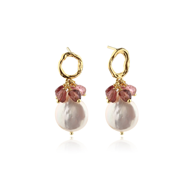 925 Sterling Silver Gemstone &amp; Baroque Pearl Earring Studs