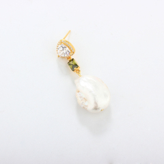 925 Sterling Silver CZ &amp; Baroque Pearl Earring Studs