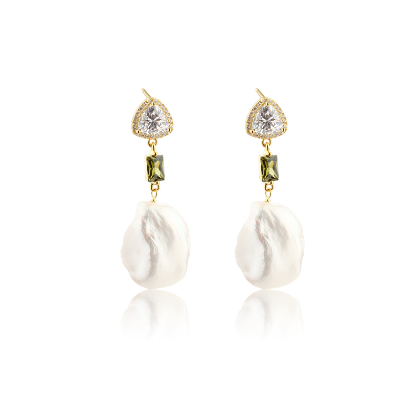 925 Sterling Silver CZ &amp; Baroque Pearl Earring Studs