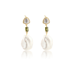 925 Sterling Silver CZ &amp; Baroque Pearl Earring Studs