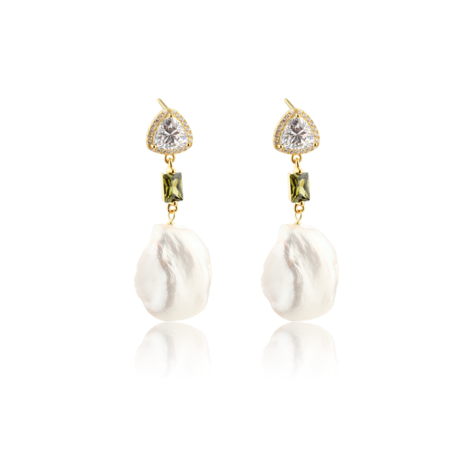 925 Sterling Silver CZ &amp; Baroque Pearl Earring Studs