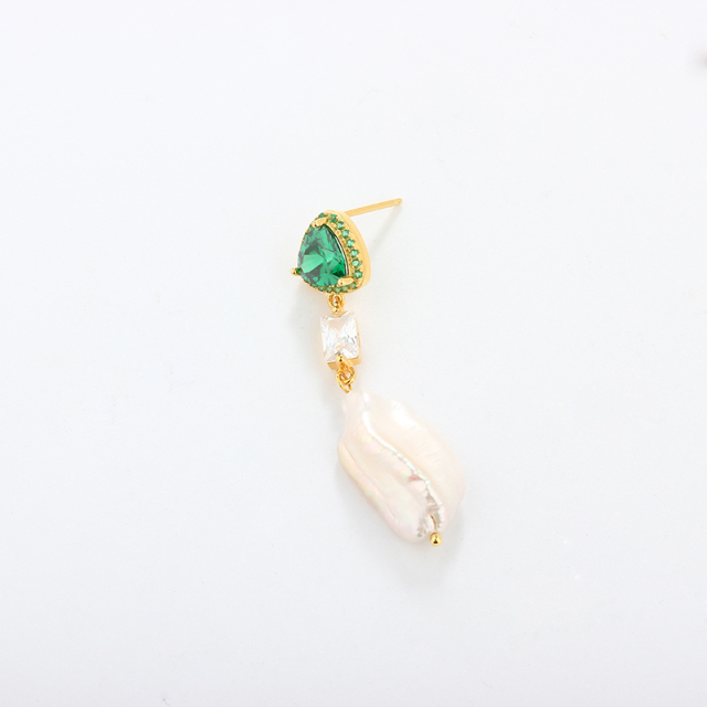 925 Sterling Silver CZ &amp; Baroque Pearl Earring Studs