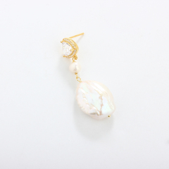 925 Sterling Silver CZ &amp; Baroque Pearl Earring Studs