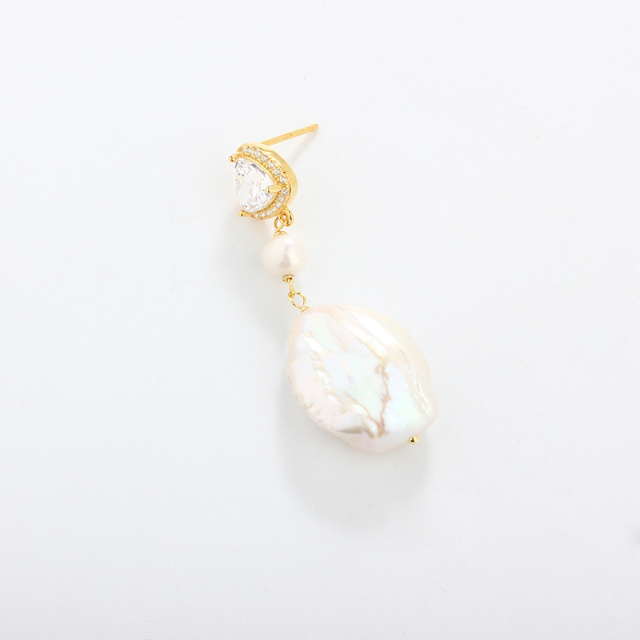 925 Sterling Silver CZ &amp; Baroque Pearl Earring Studs