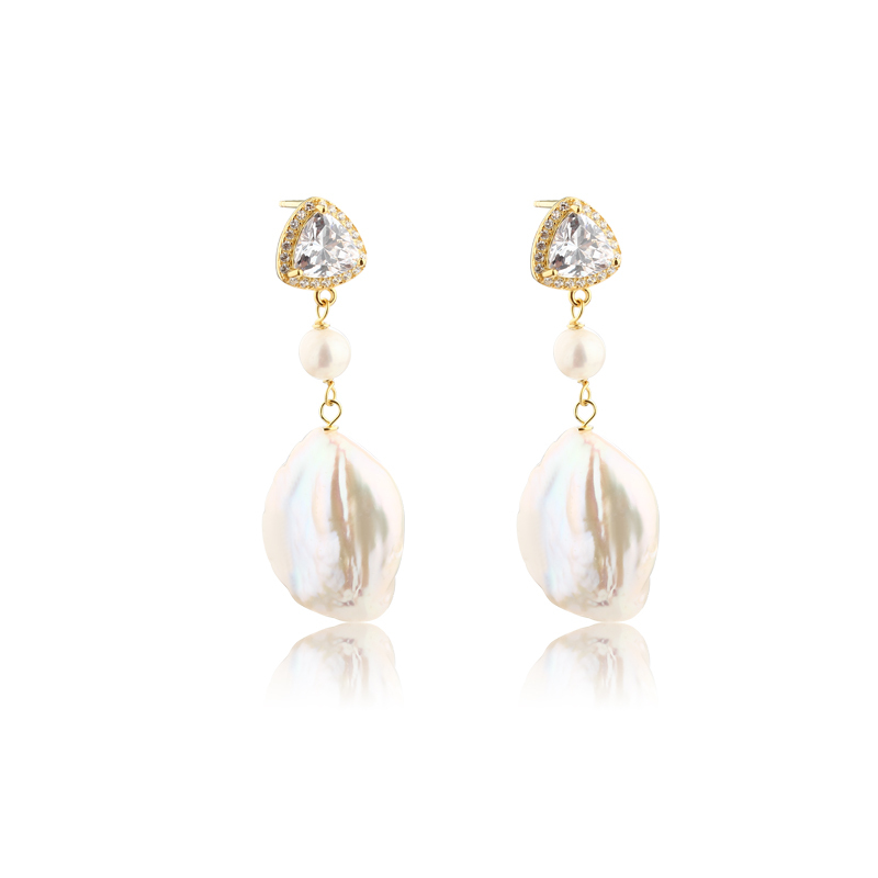 925 Sterling Silver CZ &amp; Baroque Pearl Earring Studs
