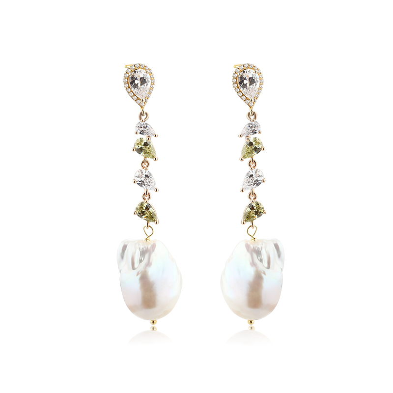 925 Sterling Silver CZ &amp; Baroque Pearl Earring Studs