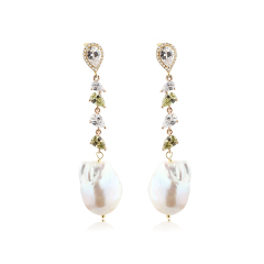 925 Sterling Silver CZ &amp; Baroque Pearl Earring Studs