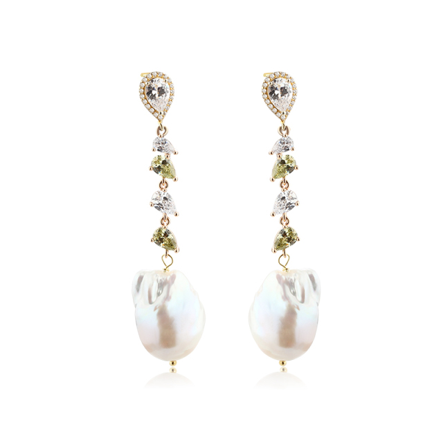 925 Sterling Silver CZ &amp; Baroque Pearl Earring Studs