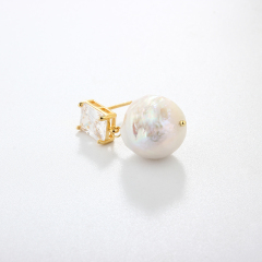 925 Sterling Silver CZ &amp; Baroque Pearl Earring Studs