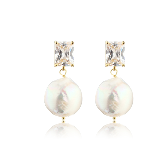 925 Sterling Silver CZ &amp; Baroque Pearl Earring Studs