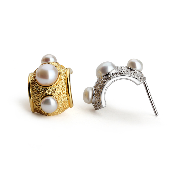 925 Sterling Silver Semicircle Hammered Pearl Earrings Studs