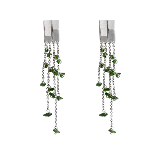 925 Sterling Silver Women Fashion Gemstone Tassel Earrings Drop