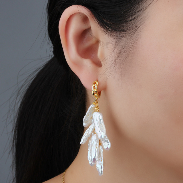 925 Sterling Silver Baroque Pearl Drop Earrings Hoop