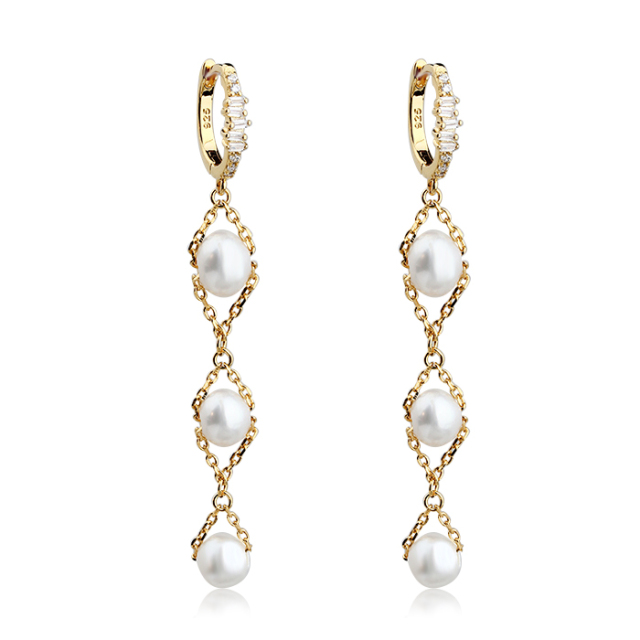 925 Sterling Silver Elegant Pearl Tassel Earrings Stud