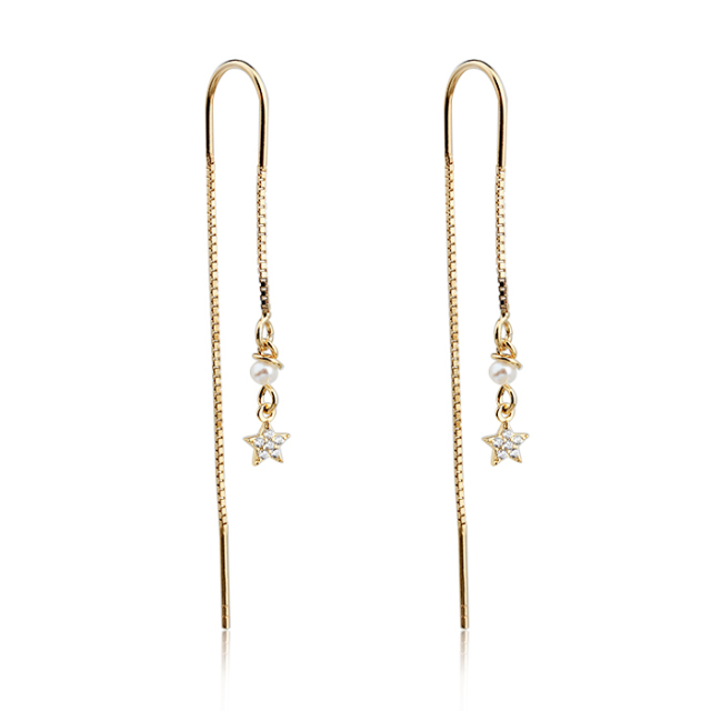 925 Sterling Silver Pearl And Star Charm Box Chain Earrings Wire