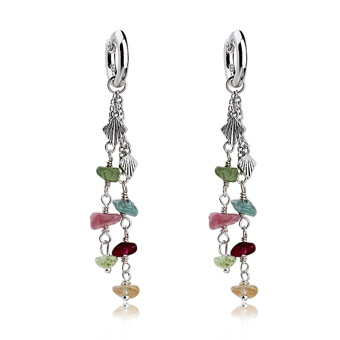 925 Sterling Silver Tourmaline  Tassel Handmade Women Earrings Hoop