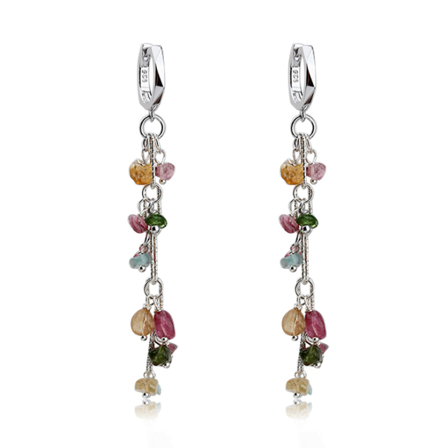 925 Sterling Silver Tourmaline  Tassel Handmade Women Earrings Hoop