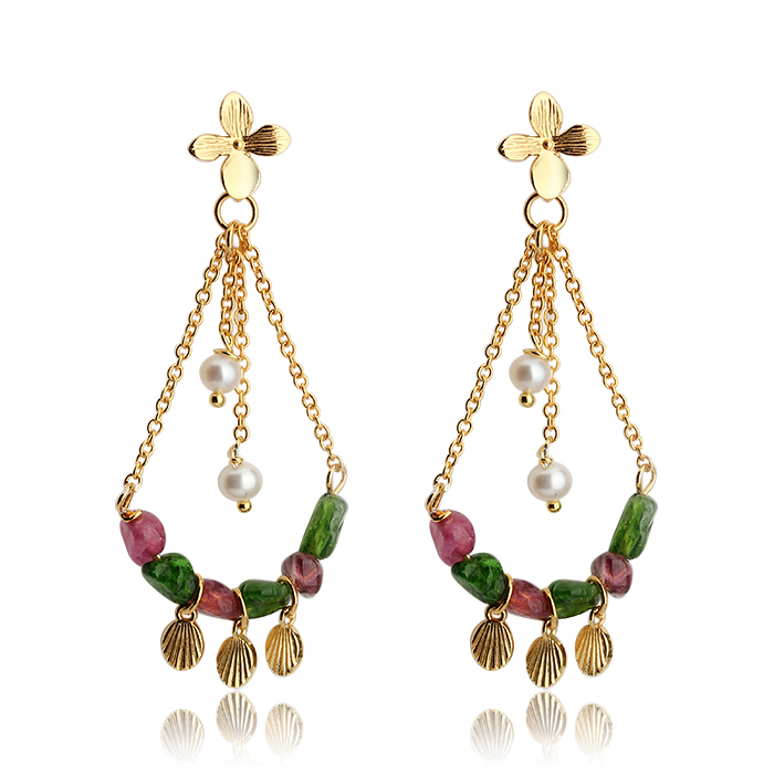 925 Sterling Silver Charming Gemstone Dangle Flower Pin Pearl Earrings Stud