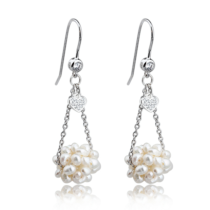 925 Sterling Silver New Design Heart Charm Pearl Ball Dangle Earrings Hook