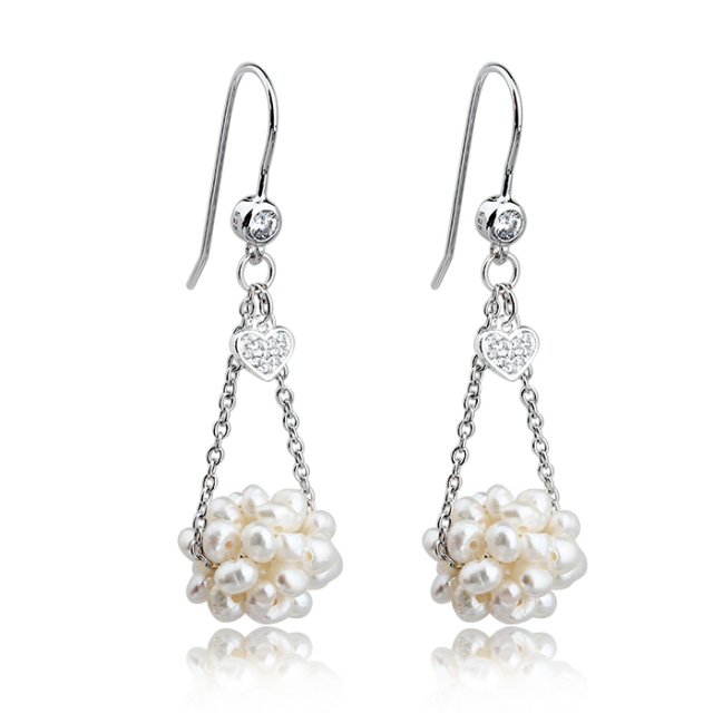 925 Sterling Silver New Design Heart Charm Pearl Ball Dangle Earrings Hook