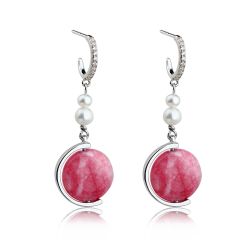 925 Sterling Silver Charming Pearl And Button Shape Gemstone Drop Earrings Stud