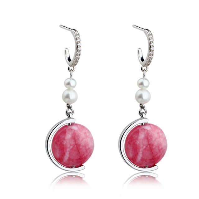 925 Sterling Silver Charming Pearl And Button Shape Gemstone Drop Earrings Stud