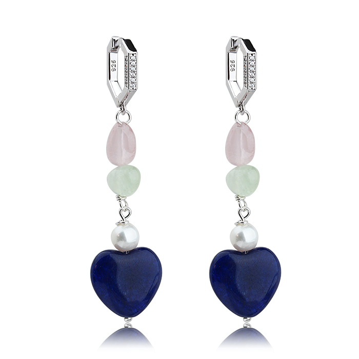 925 Sterling Silver Gemstone Pearl Heart Lapis Lazuli Earrings Hoop