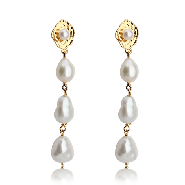 925 Sterling Silver Hammered Leaf Earring Pin Pearl Drop Earrings Stud