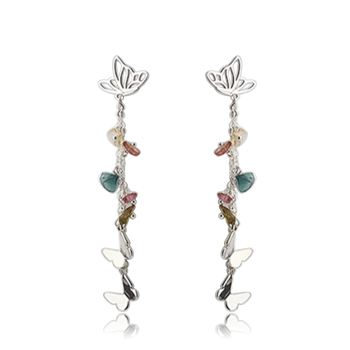 925 Sterling Silver Butterfly Gemstone Tassel Earrings Stud