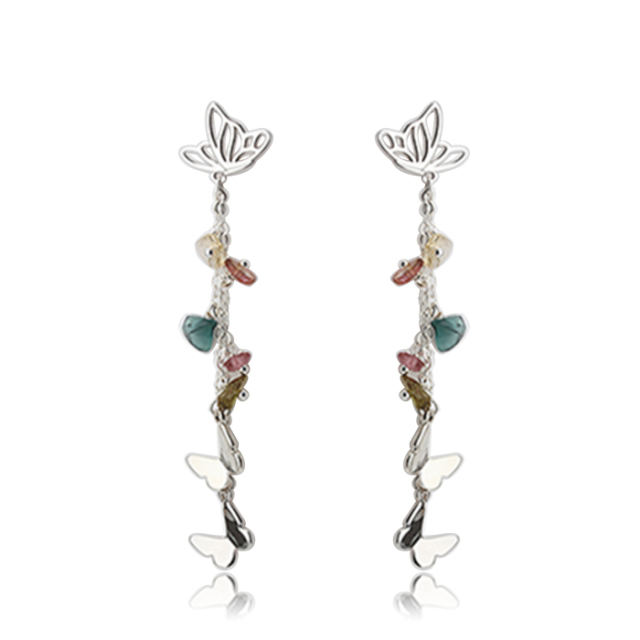 925 Sterling Silver Butterfly Gemstone Tassel Earrings Stud