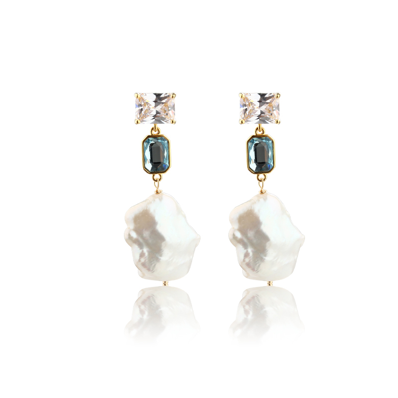 925 Sterling Silver CZ &amp; Crystal &amp; Baroque Pearl Earring Studs