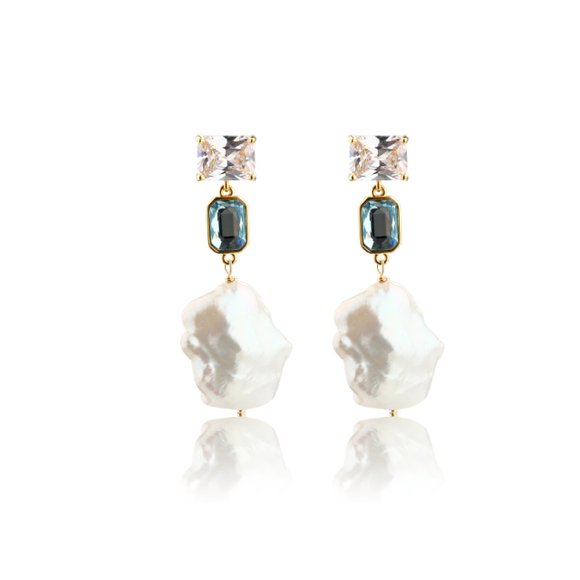 925 Sterling Silver CZ &amp; Crystal &amp; Baroque Pearl Earring Studs