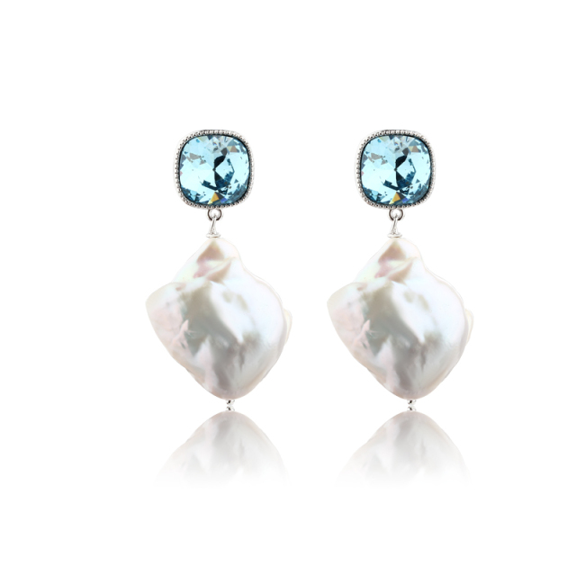 925 Sterling Silver Crystal &amp; Baroque Pearl Earring Studs