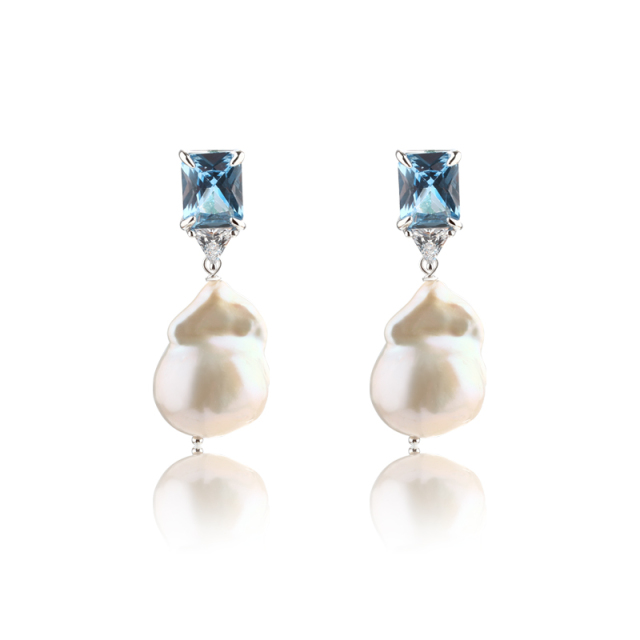 925 Sterling Silver Baroque &amp; Rectangular CZ Earring Studs