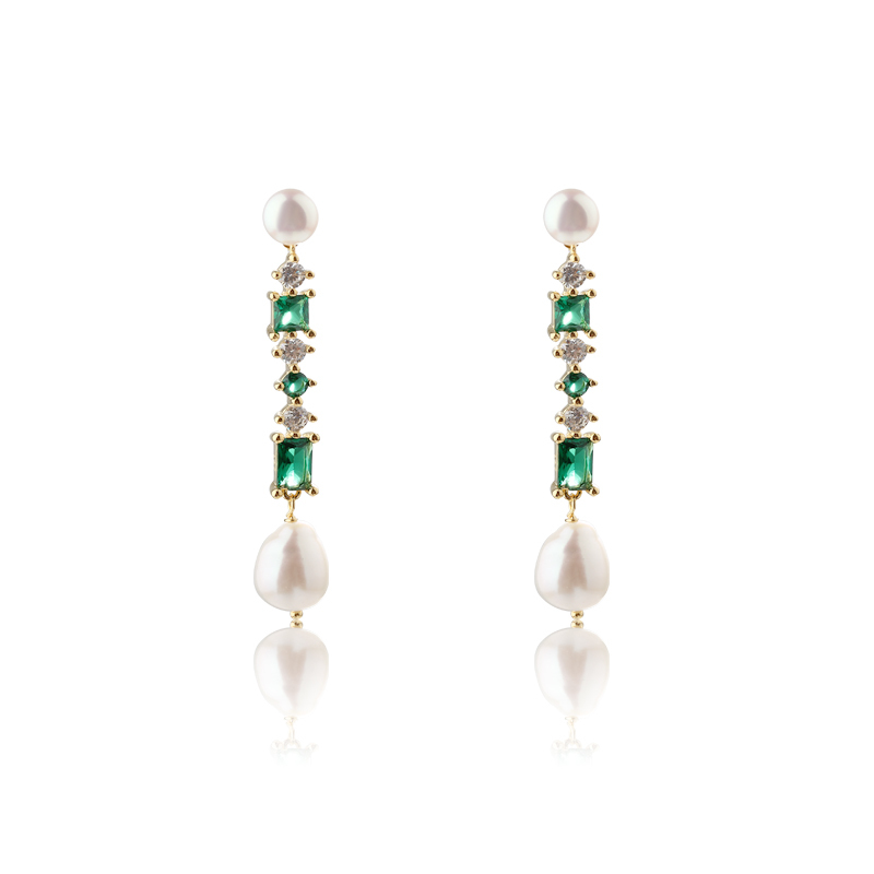 925 Sterling Silver Long Colourful CZ and Pearl Earrings Studs
