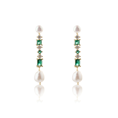925 Sterling Silver Long Colourful CZ and Pearl Earrings Studs