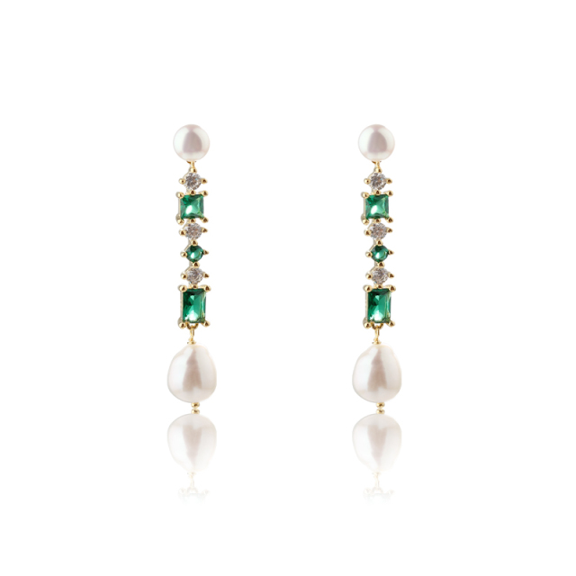 925 Sterling Silver Long Colourful CZ and Pearl Earrings Studs