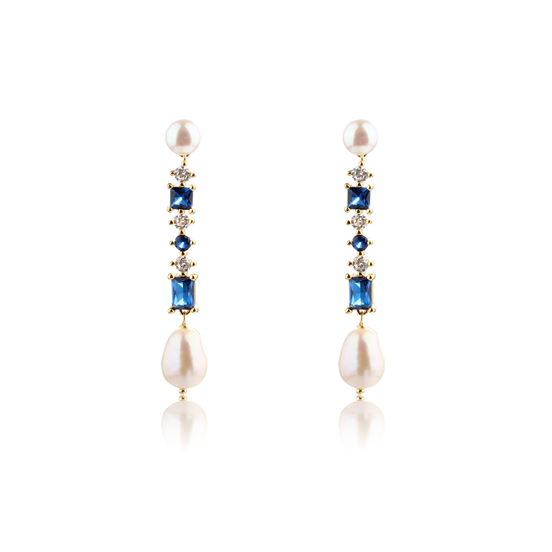 925 Sterling Silver Long Colourful CZ and Pearl Earrings Studs