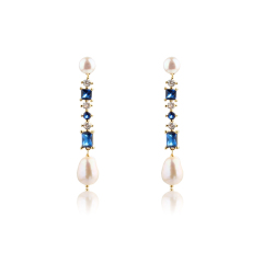 925 Sterling Silver Long Colourful CZ and Pearl Earrings Studs