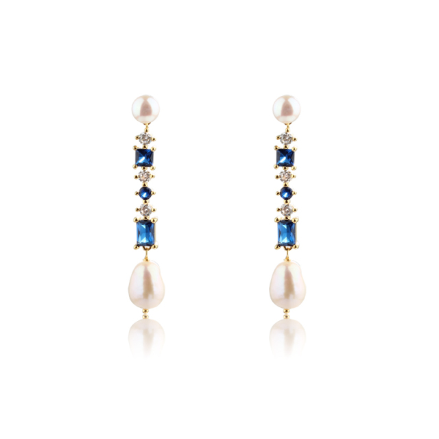 925 Sterling Silver Long Colourful CZ and Pearl Earrings Studs