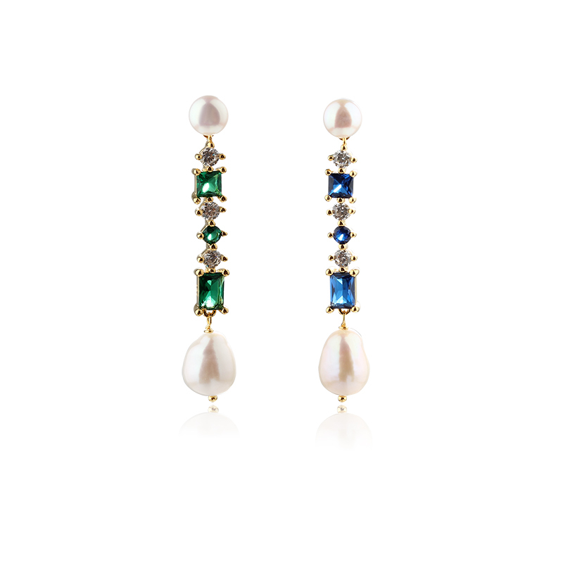 925 Sterling Silver Long Colourful CZ and Pearl Earrings Studs